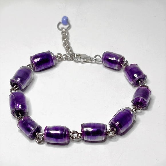 Handmade Recycled Plastic Bottle Purple Bead Bracelet Silver Links Chain Clasp - Picture 1 of 3